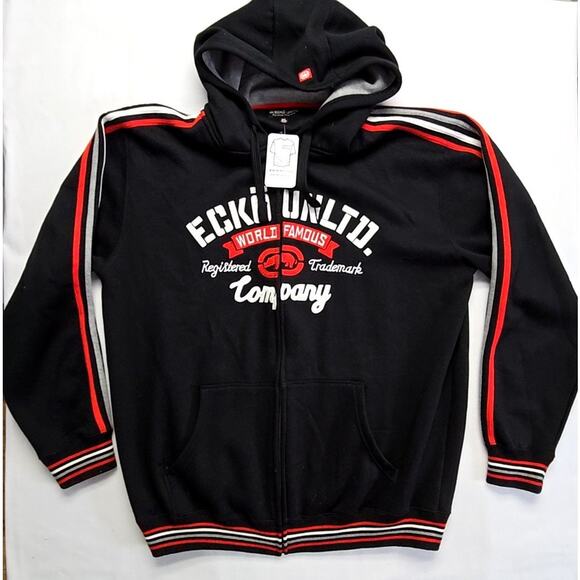 Ecko Unltd Hoodie Men's XL Black Zip Up Red Stripe Graphic Streetwear Jacket Y2K - Picture 1 of 11